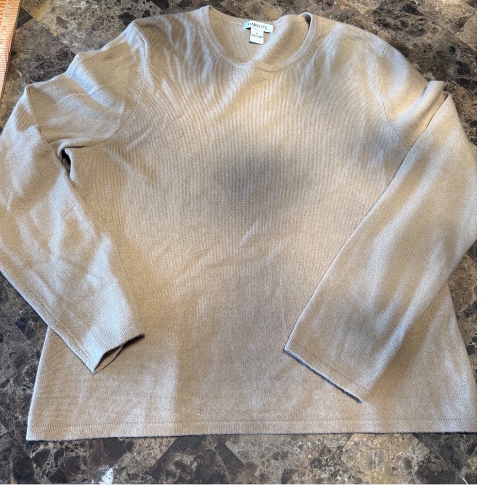 Vintage Harolds Womens XL 100% Cashmere Crewneck Sweater Tan Beige Long Sleeve